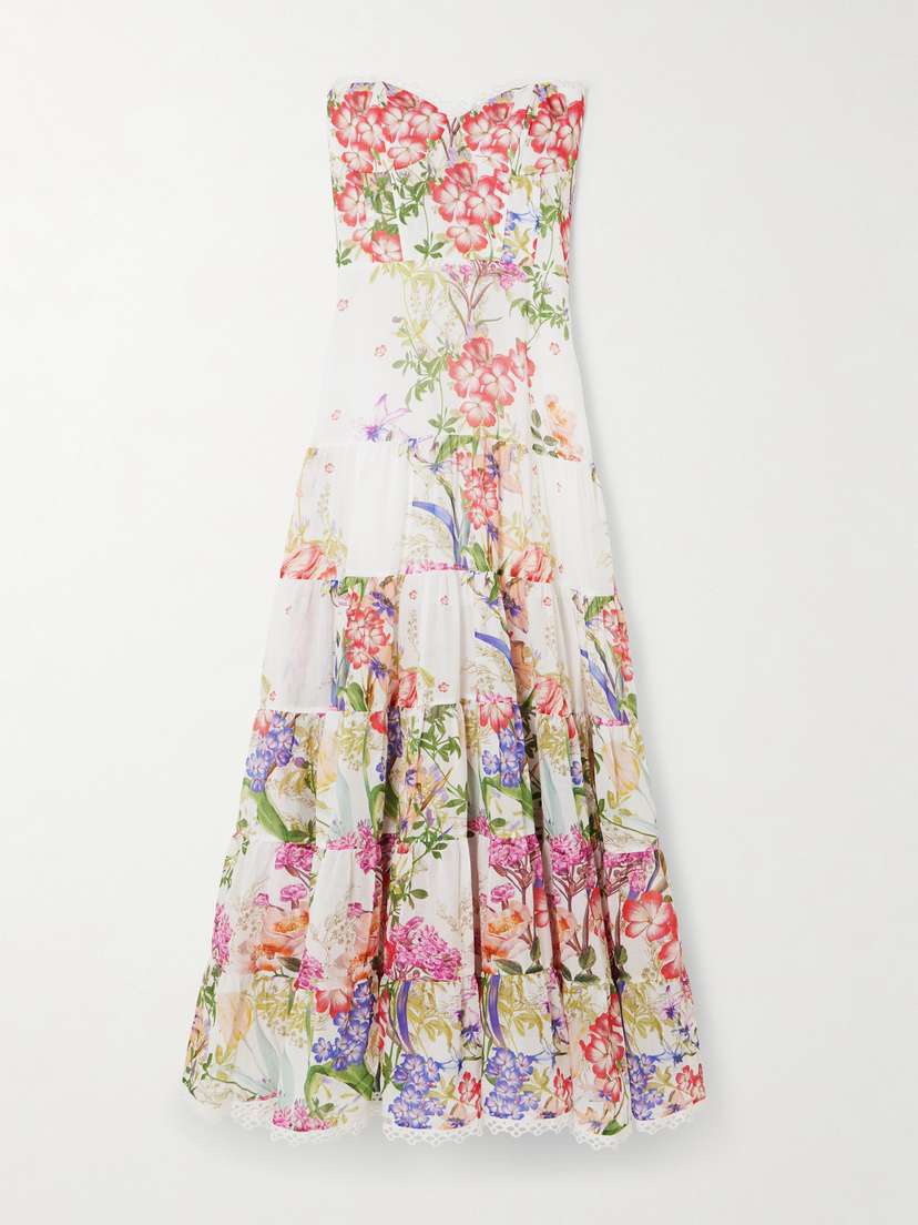 Charo Ruiz Danny Strapless Tiered Floral-print Cotton-blend Voile Maxi Dress