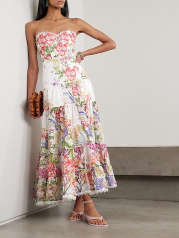 Charo Ruiz Danny strapless tiered floral-print cotton-blend voile maxi dress
