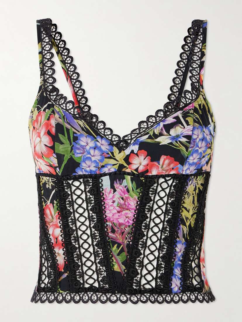 Charo Ruiz Poppy Guipure Lace-trimmed Floral-print Cotton-blend Voile Bustier Top