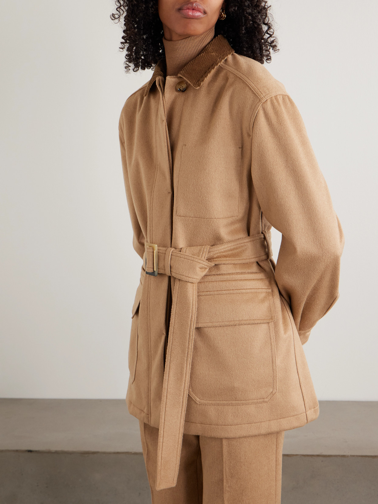 Leva Belted Corduroy-Trimmed Camel Jacket