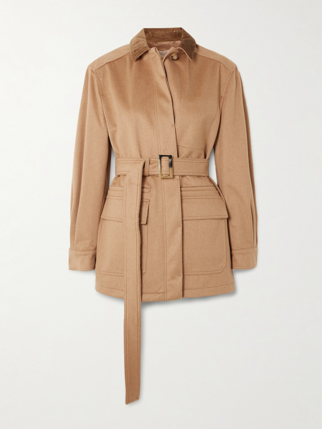 Max Mara Leva Belted Corduroy-trimmed Camel Hair Jacket In Brown
