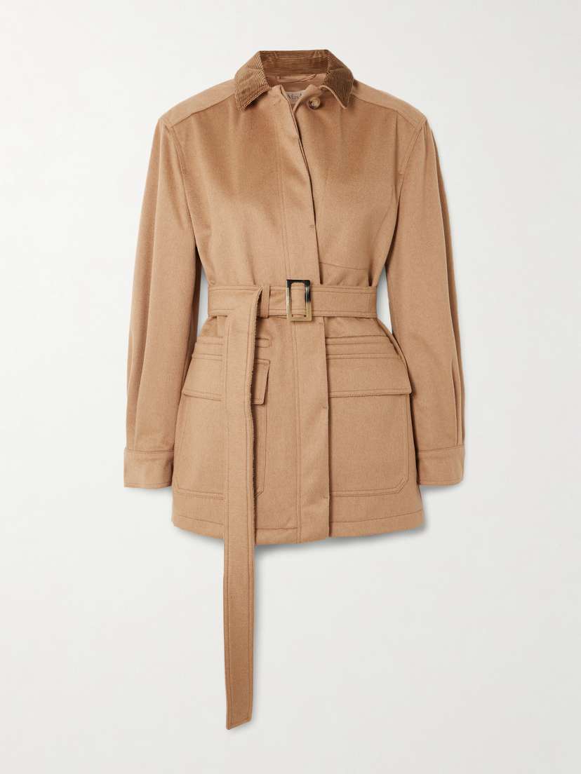 Max Mara Leva Belted Corduroy-trimmed Camel Hair Jacket