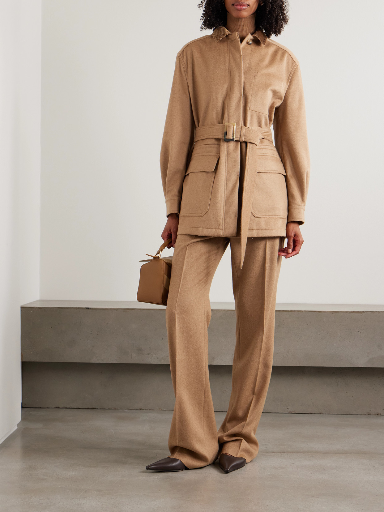 Leva Belted Corduroy-Trimmed Camel Jacket