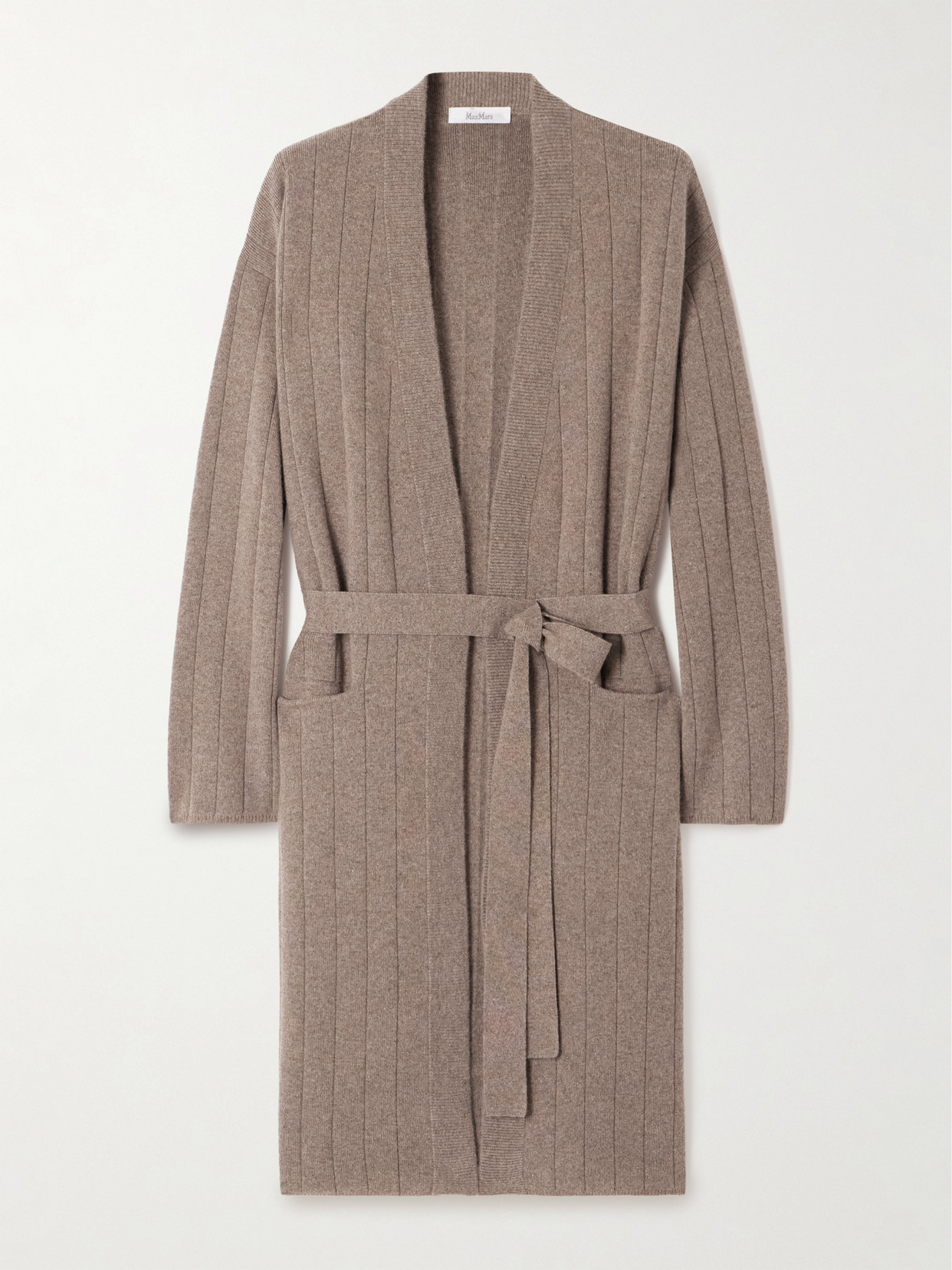 Max Mara Belted Ribbed-knit Cashmere Cardigan In Gray