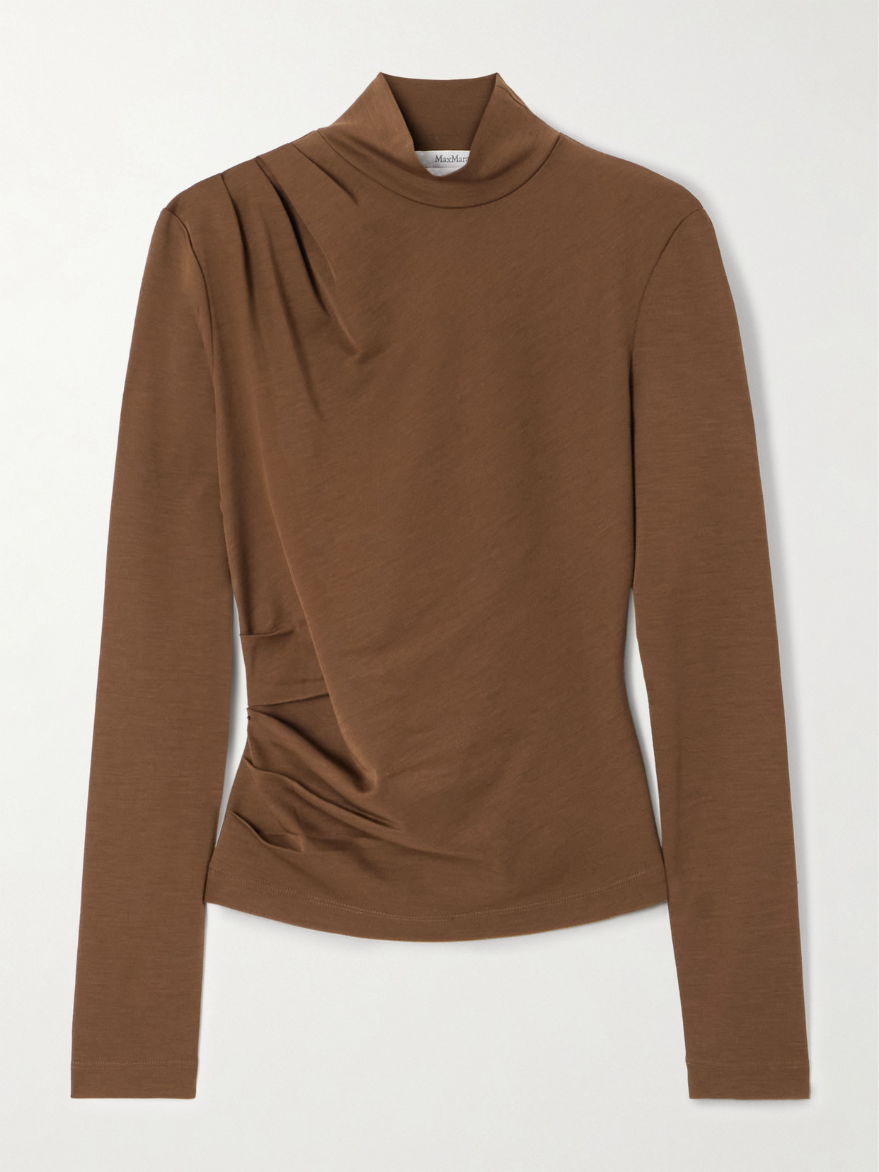 Max Mara Orme Draped Wool-jersey Turtleneck Top In Brown