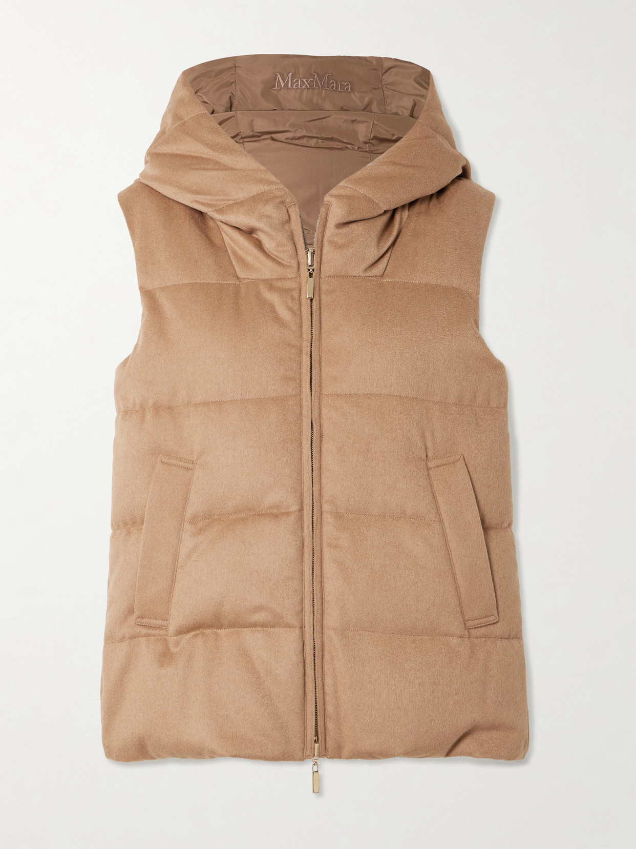 Max Mara Cube Hooded Reversible Quilted Shell And Camel Hair Vest In Brown