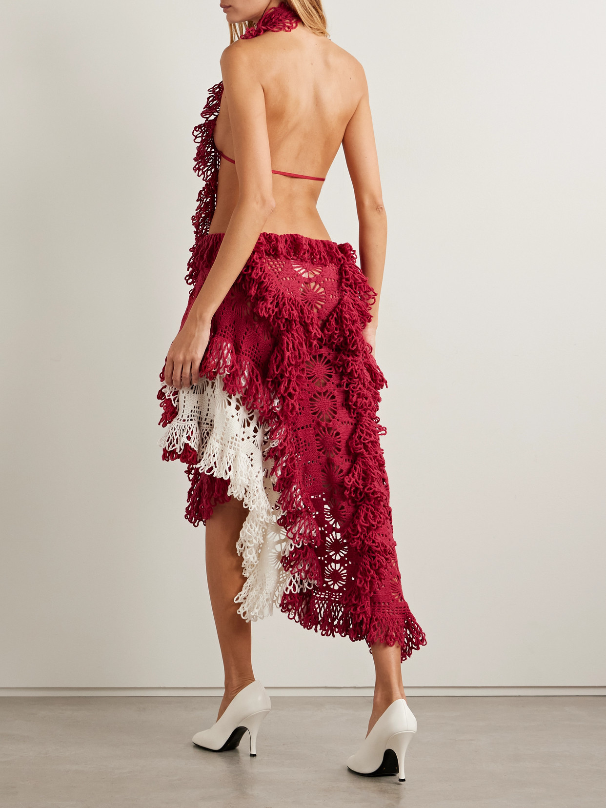 Diotima Spade Open-back Ruffled Crocheted Merino Wool-blend Halterneck Midi Dress In Animal Print