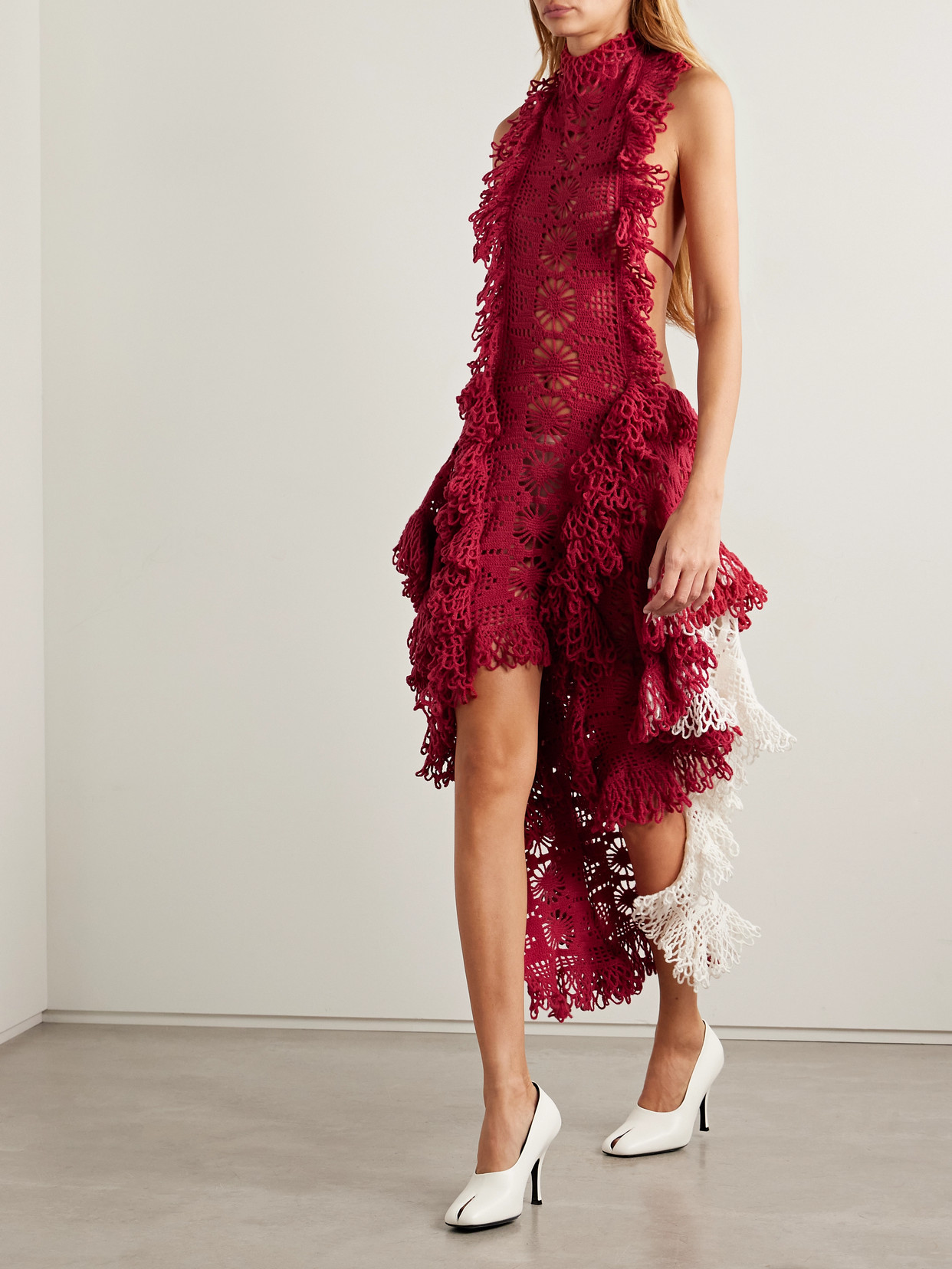 Diotima Spade Open-back Ruffled Crocheted Merino Wool-blend Halterneck Midi Dress In Animal Print