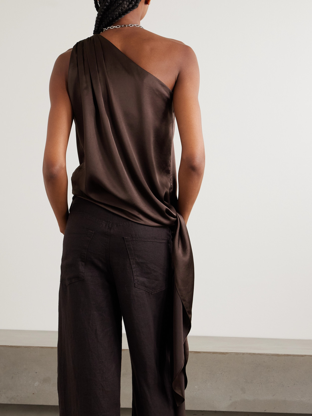 Abadia Ayla One-shoulder Knotted Satin Top In Brown