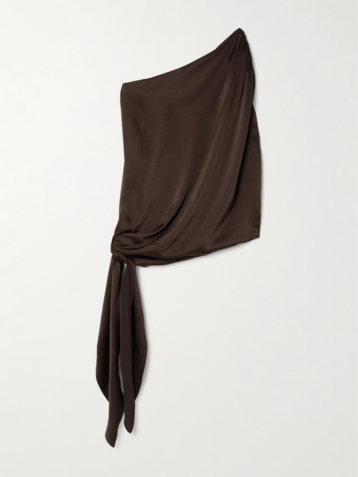 Abadia Ayla One-shoulder Knotted Satin Top In Brown