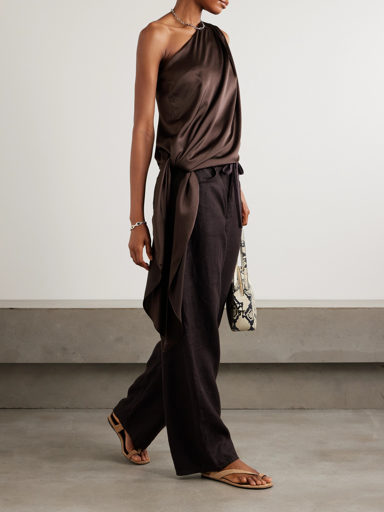Abadia Ayla One-shoulder Knotted Satin Top In Brown