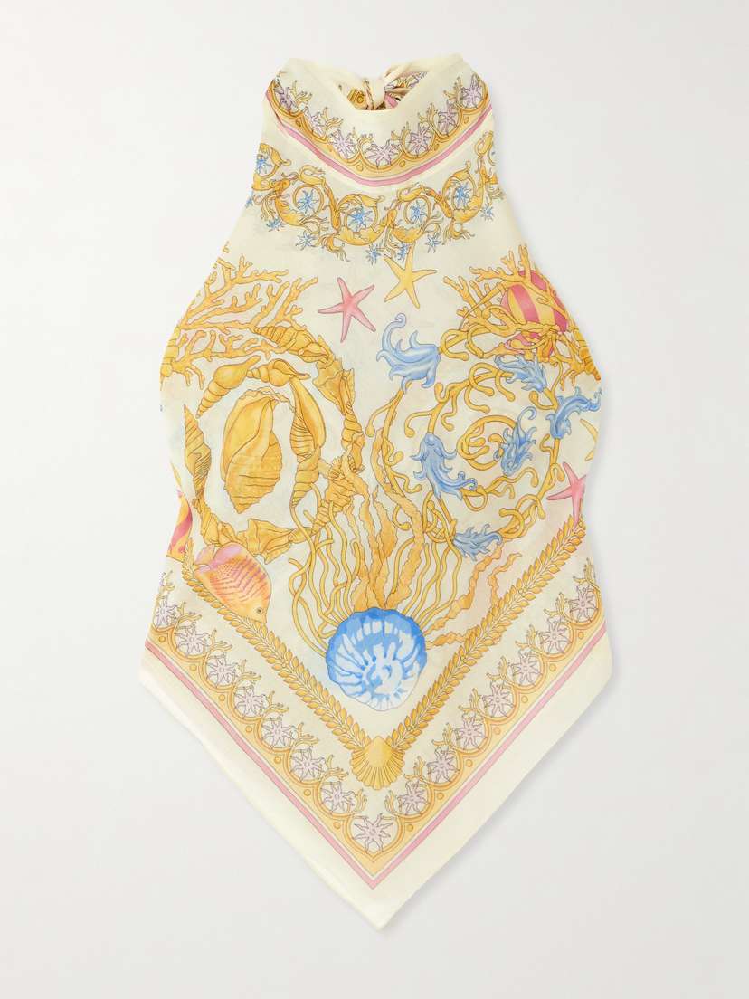 Versace Printed Cotton And Silk-blend Voile Halterneck Top