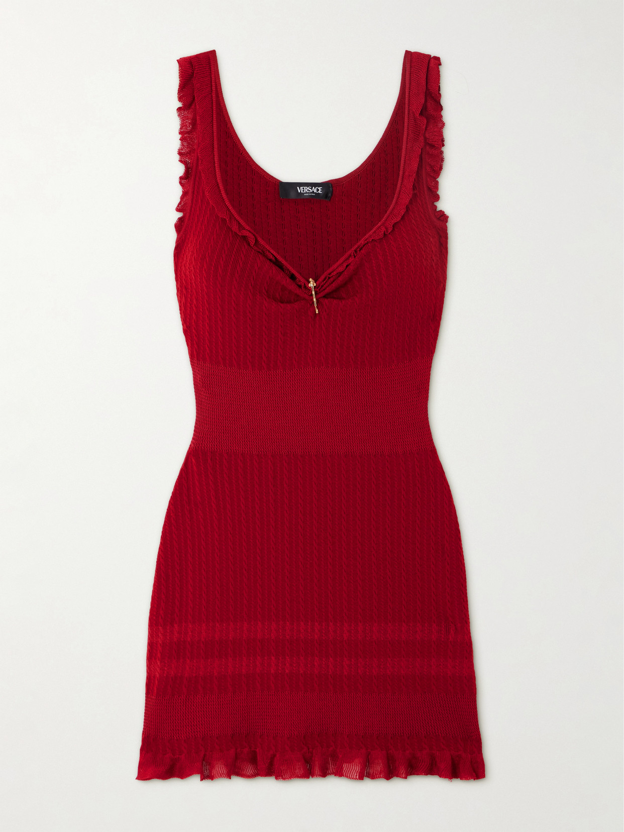Versace Embellished Ruffled Cable-knit Wool-blend Mini Dress In Red