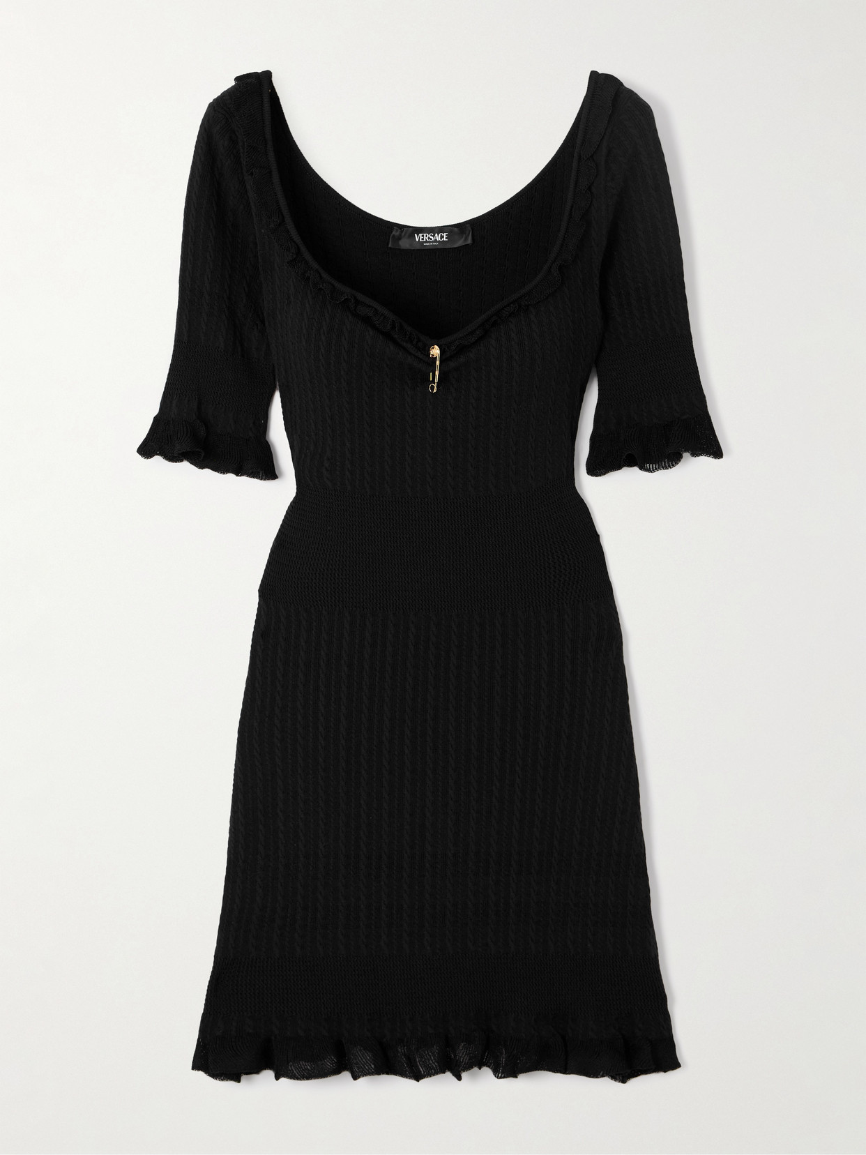 Versace Embellished Ruffled Cable-knit Wool-blend Mini Dress In Black