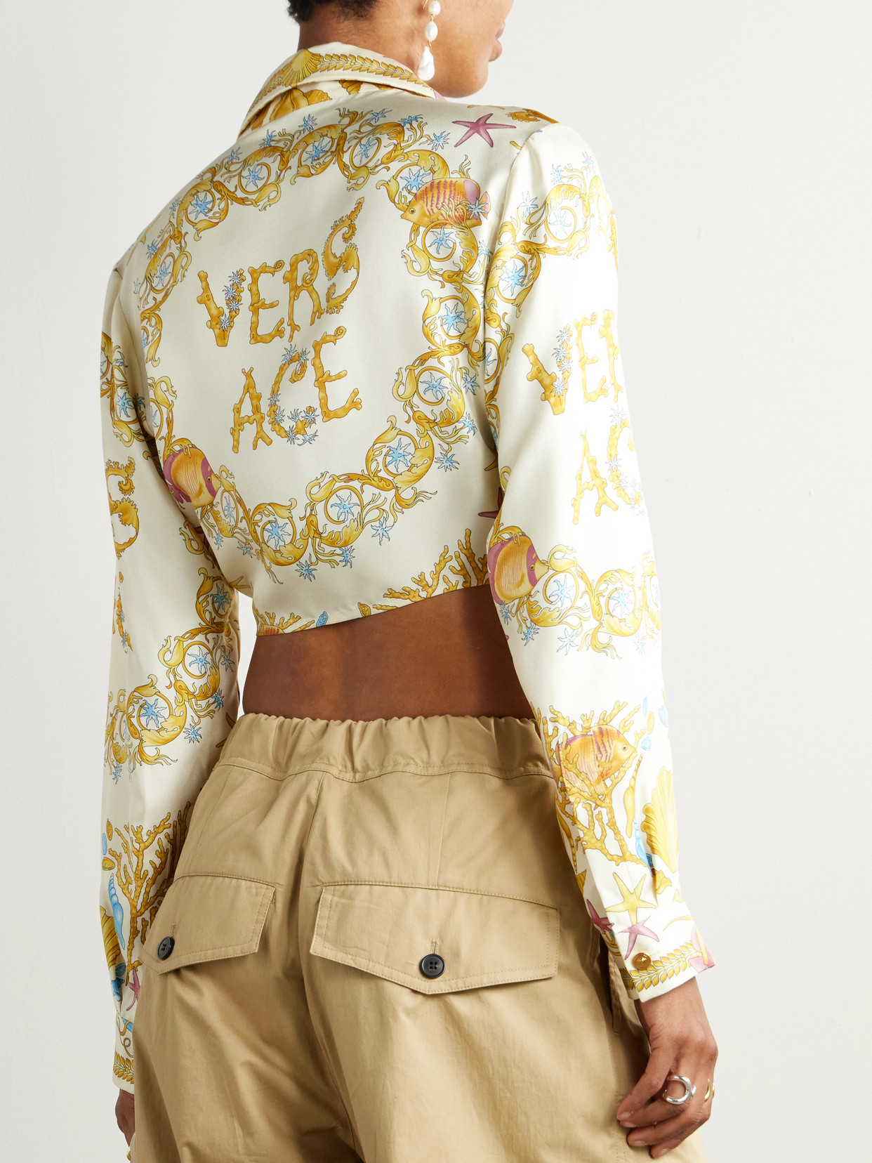 Versace Underwater Barocco Foulard Silk Twill Crop Shirt In Multi