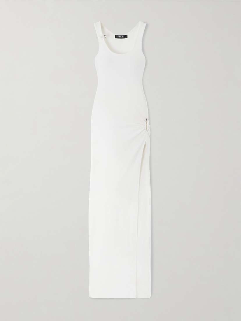 Versace Cutout Embellished Ribbed Cotton-blend Jersey Maxi Dress