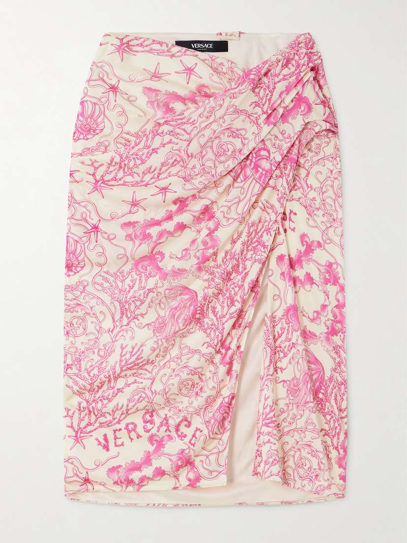 Versace Wrap-effect Draped Printed Silk-satin Skirt