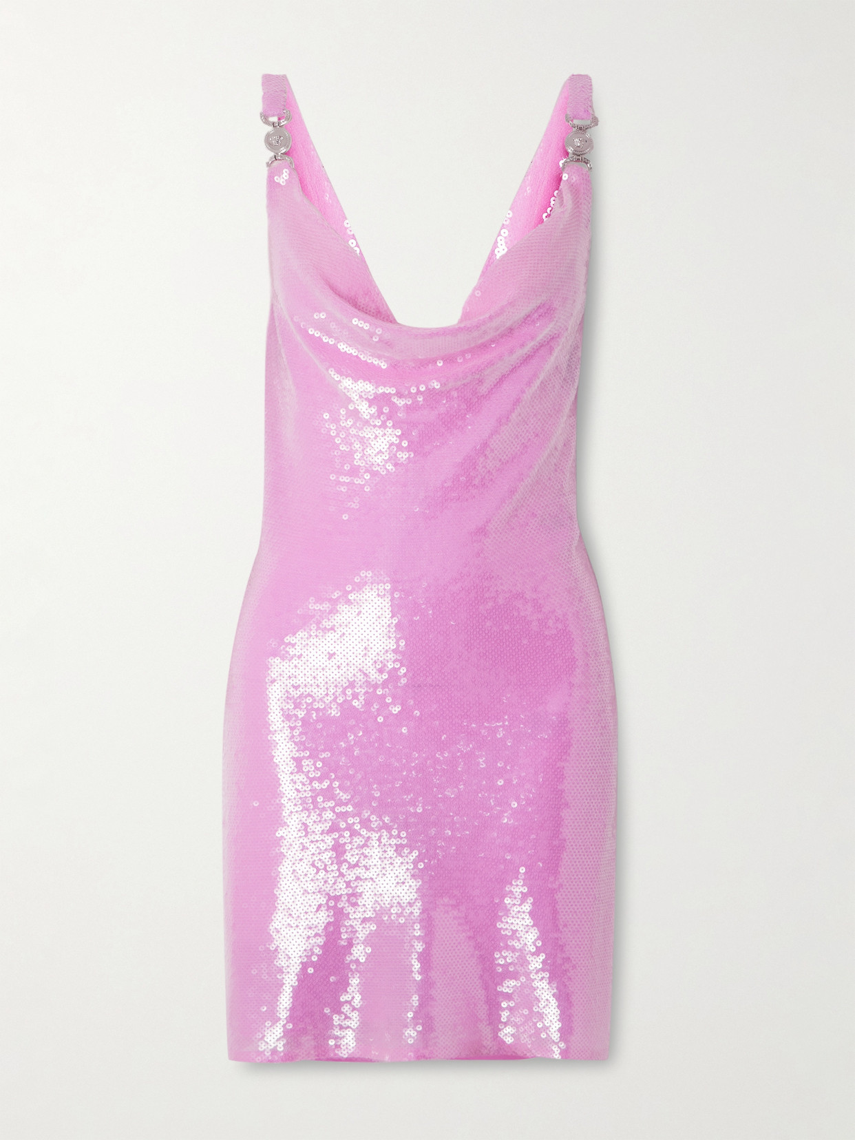 Versace Embellished Draped Sequined Silk-chiffon Mini Dress In Pink