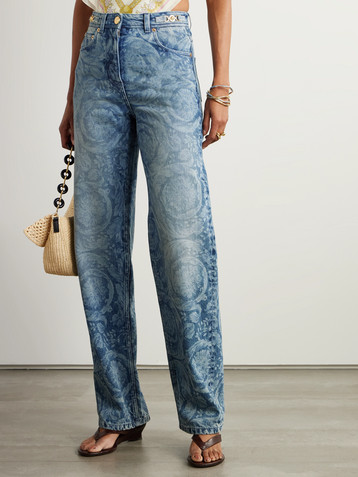Versace Embellished printed high-rise straight-leg jeans