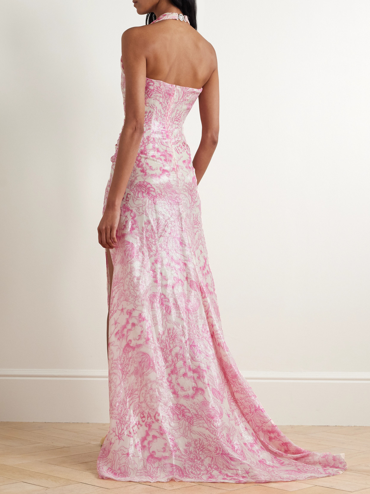 Versace Embellished Metallic Printed Silk-blend Chiffon Gown In Pink