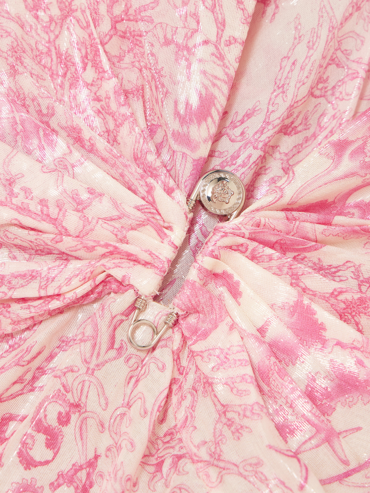 Versace Embellished Metallic Printed Silk-blend Chiffon Gown In Pink