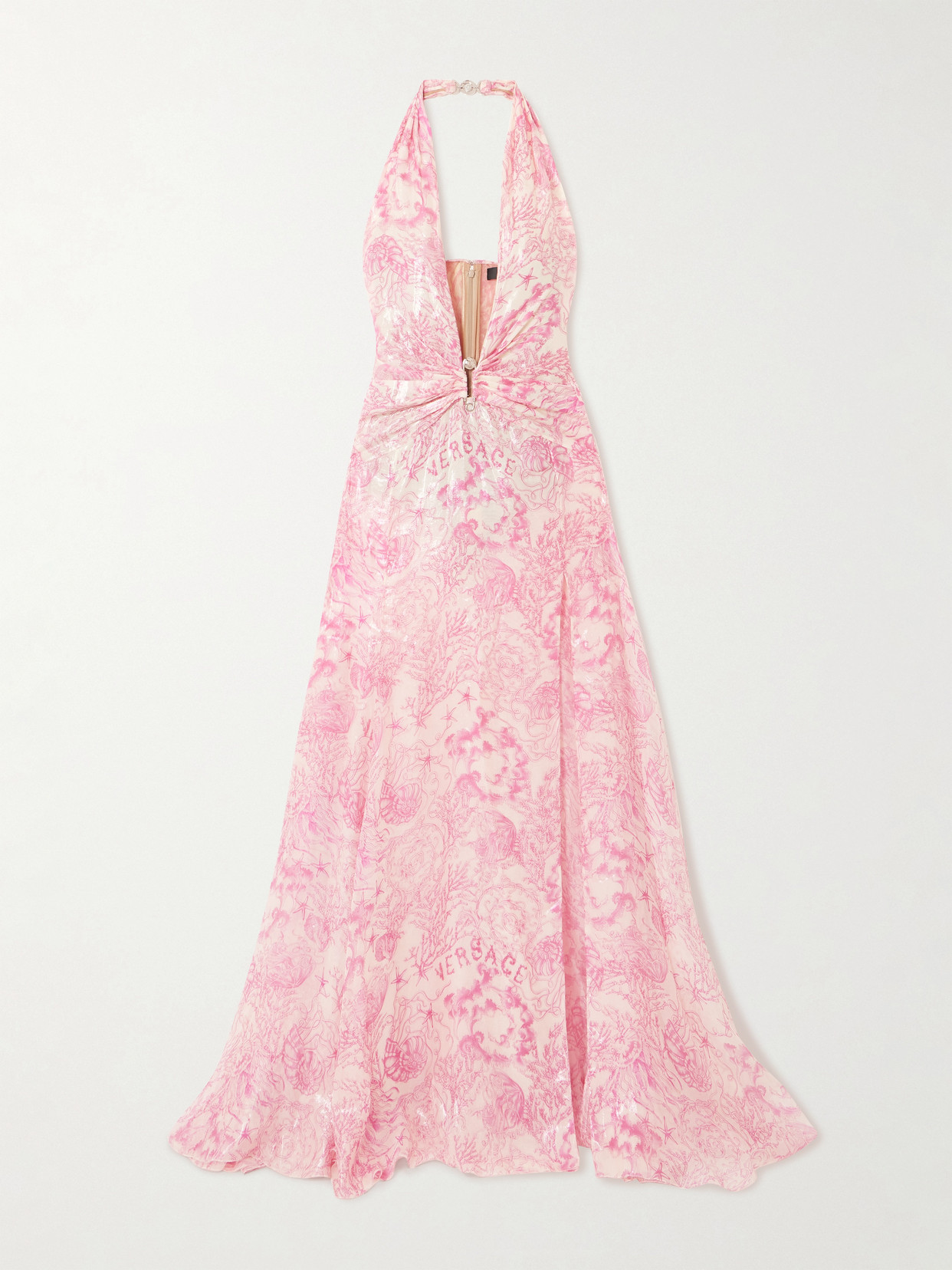 Versace Embellished Metallic Printed Silk-blend Chiffon Gown In Pink