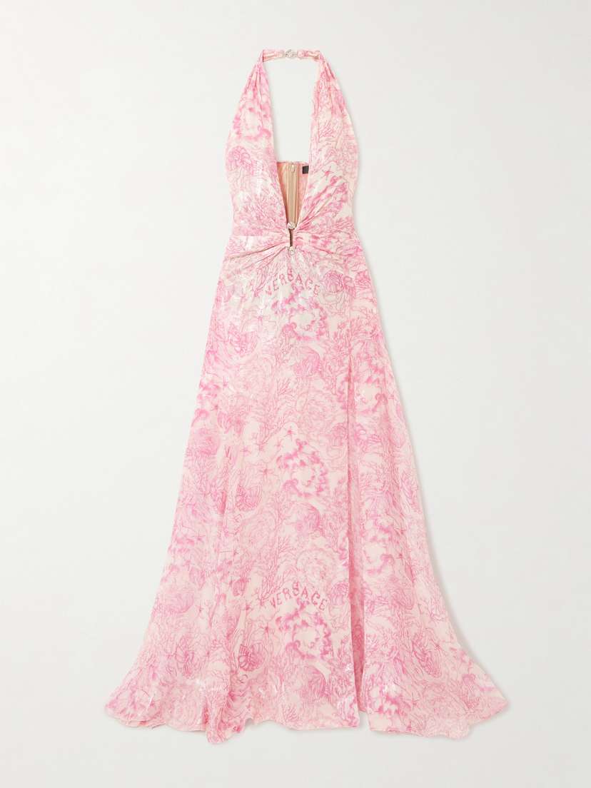 Versace Embellished Metallic Printed Silk-blend Chiffon Gown
