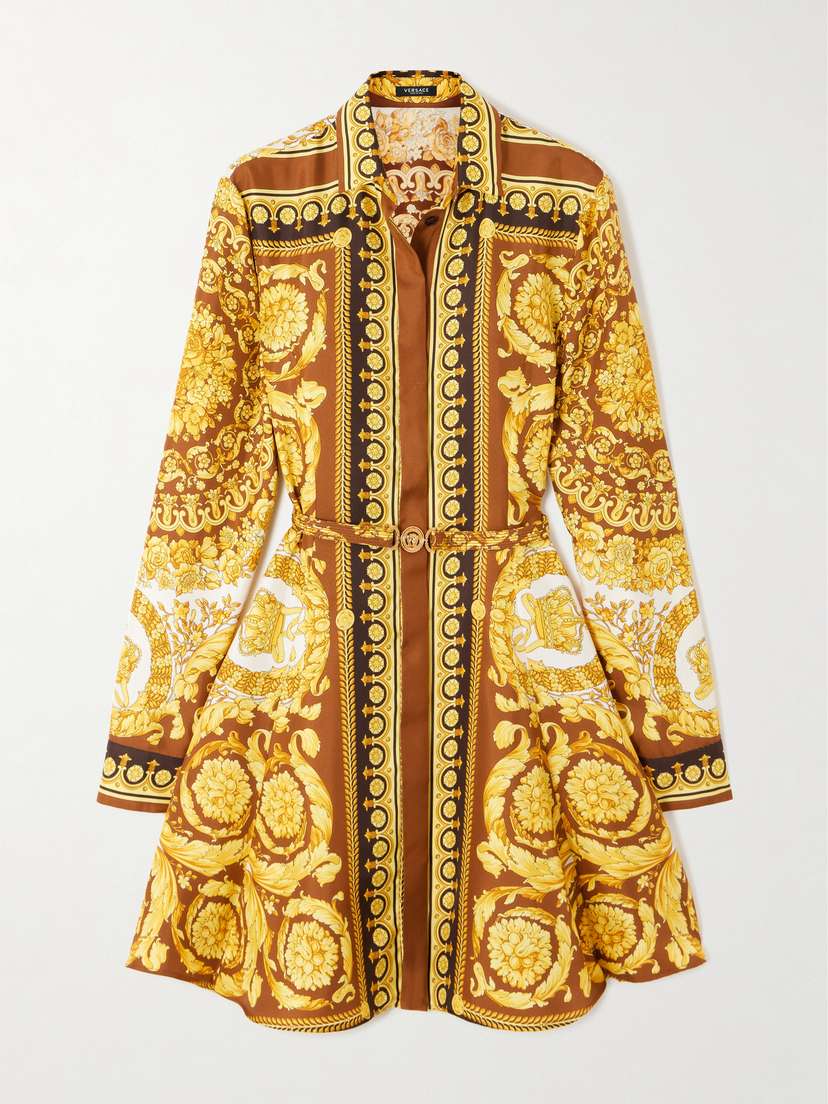 Versace Belted Printed Silk-twill Mini Dress
