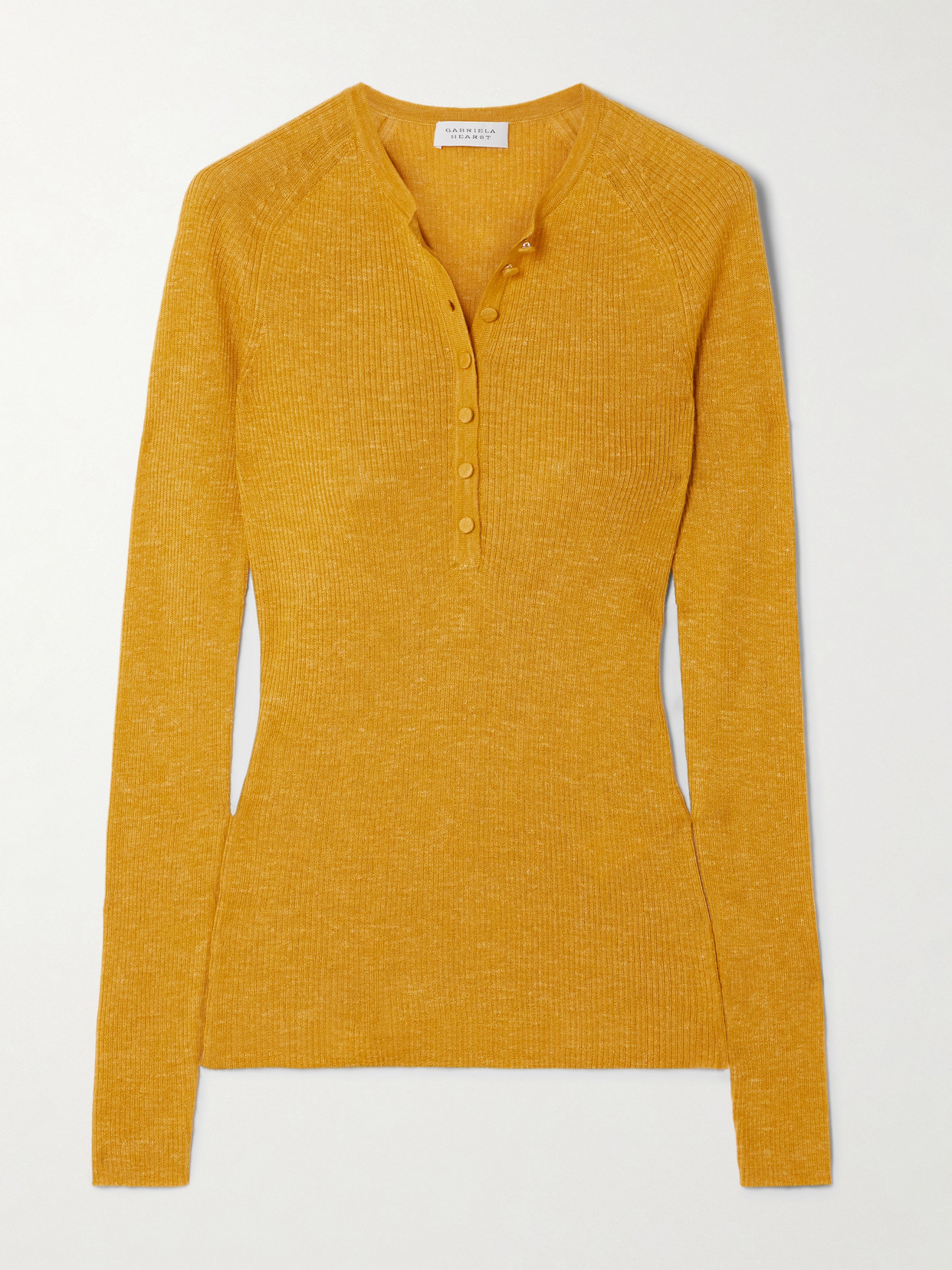 Gabriela Hearst Anges Ribbed Cashmere, Silk And Hemp-blend Henley Top In Yellow