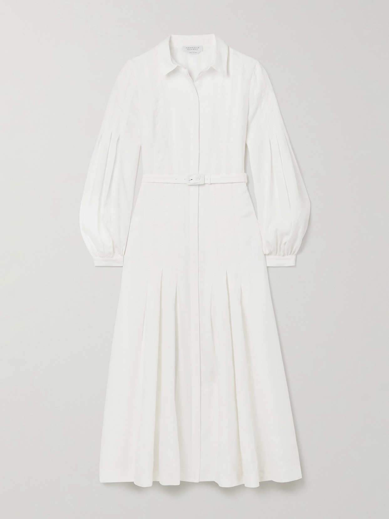 Gabriela Hearst Aleka Belted Pleated Linen Midi Shirt Dress In White