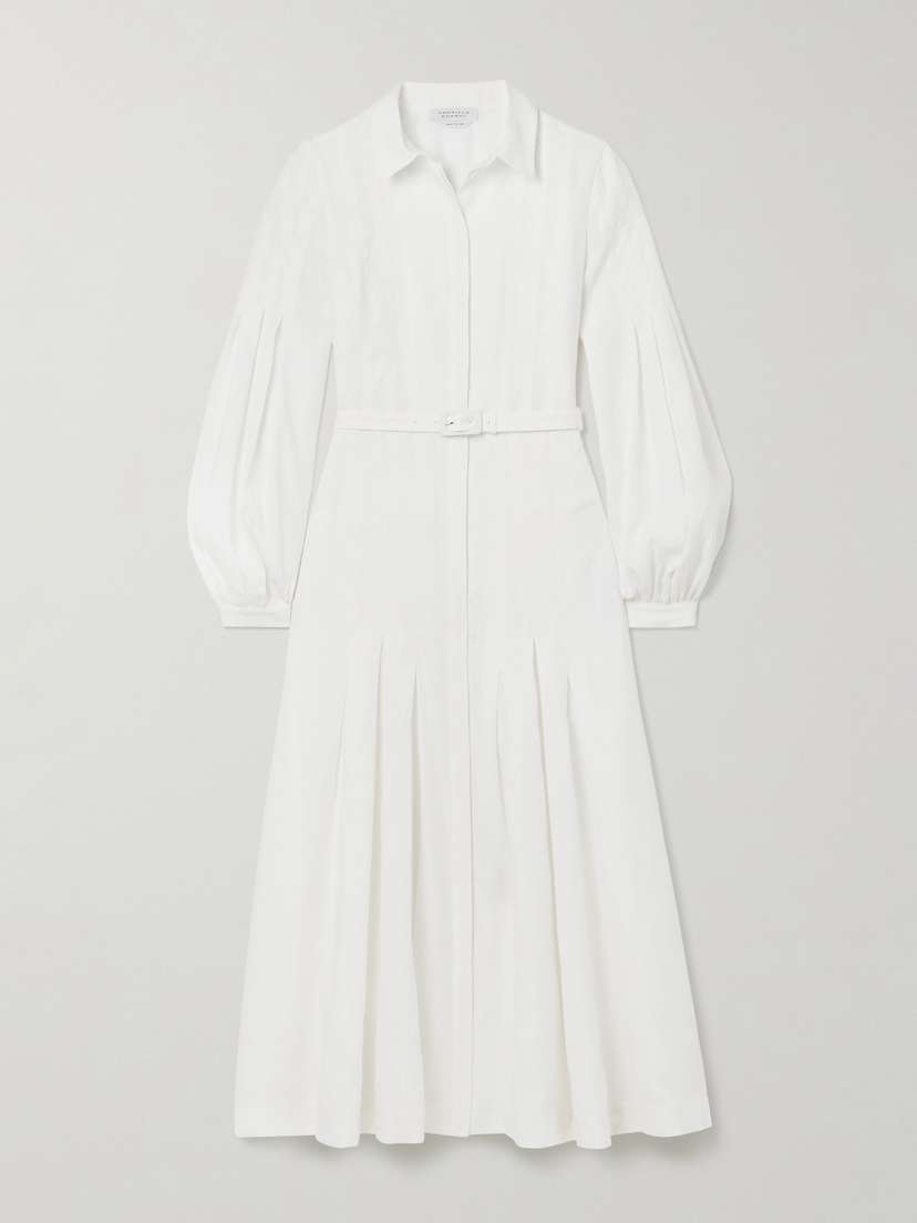 Gabriela Hearst Aleka Belted Pleated Linen Midi Shirt Dress