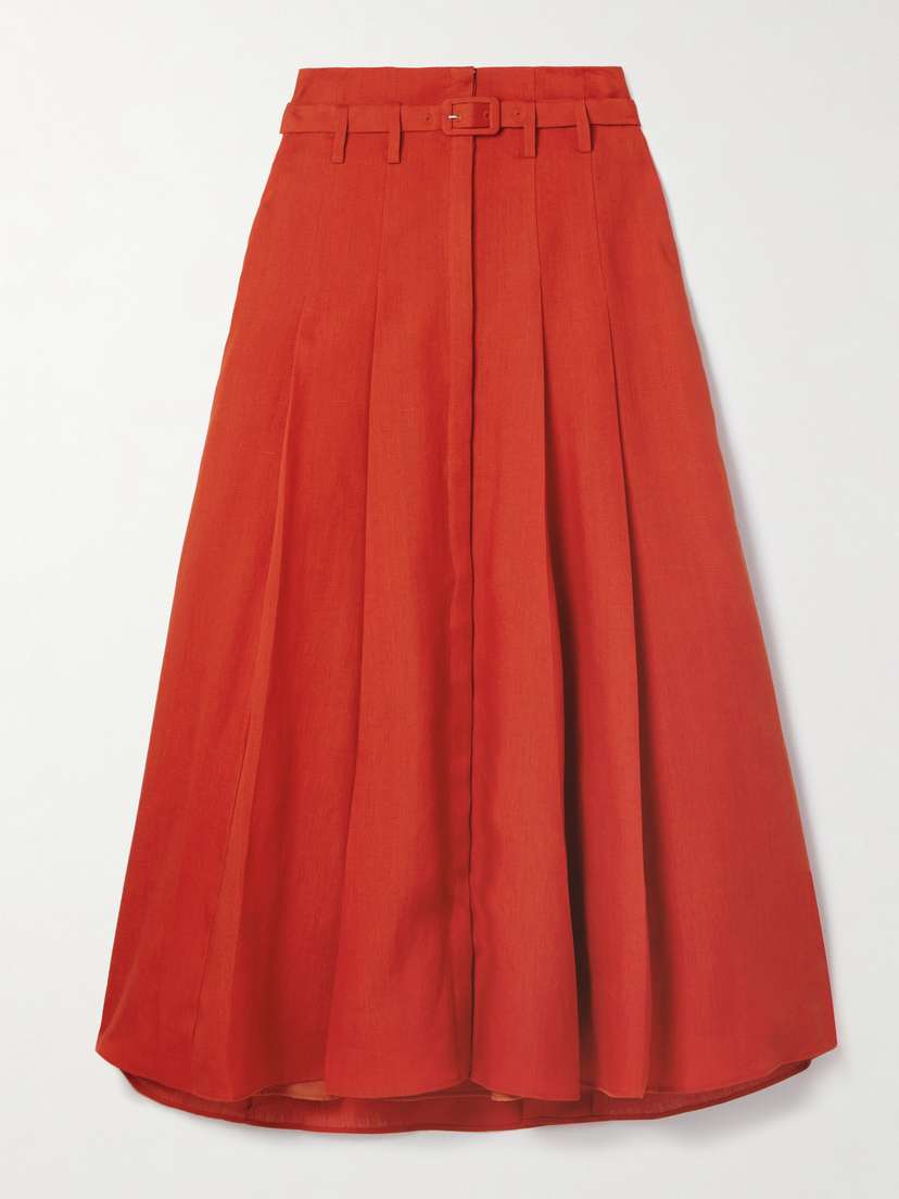 Gabriela Hearst Dugald Belted Pleated Linen Midi Skirt