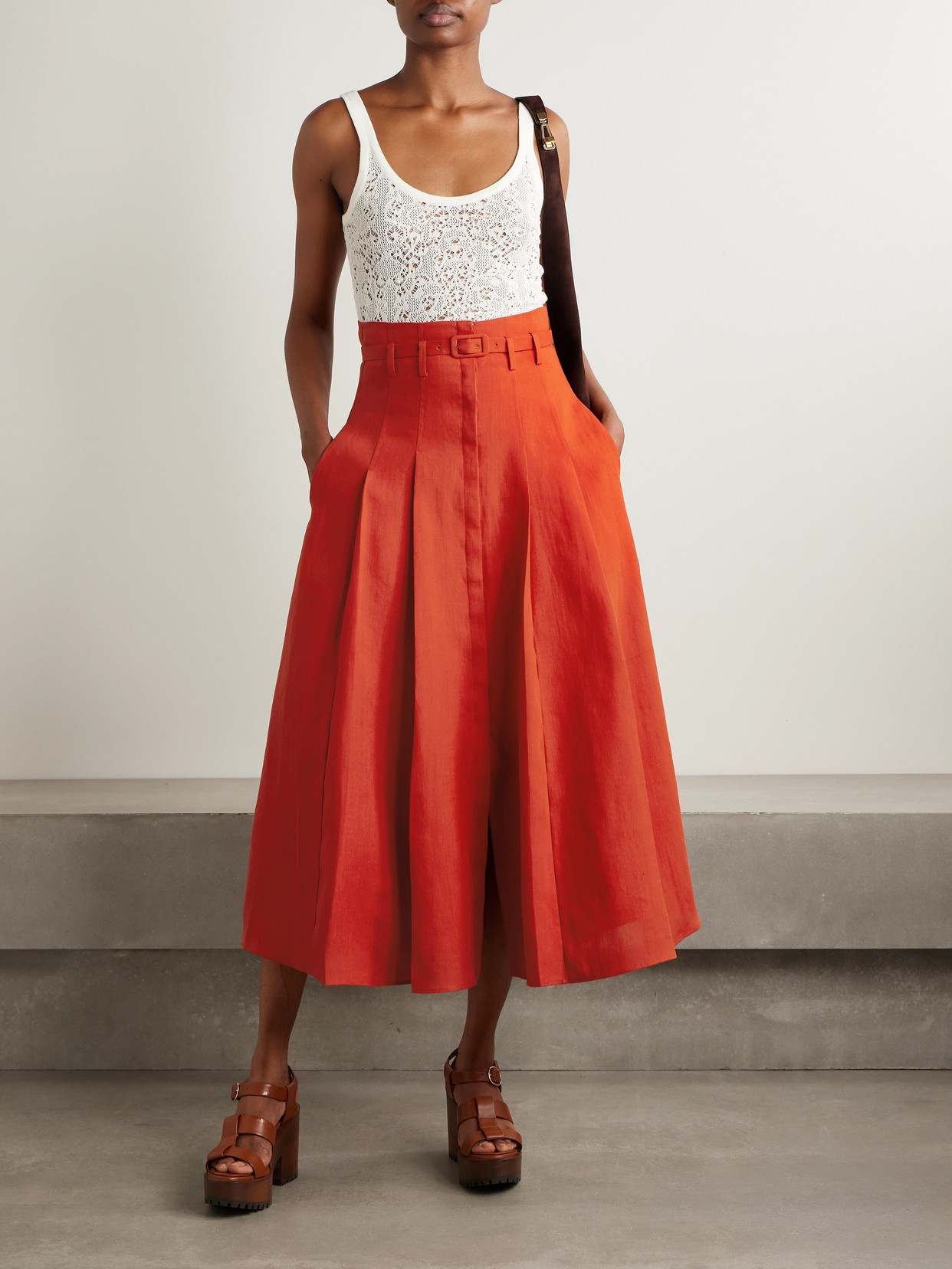 Gabriela Hearst Dugald Belted Pleated Linen Midi Skirt