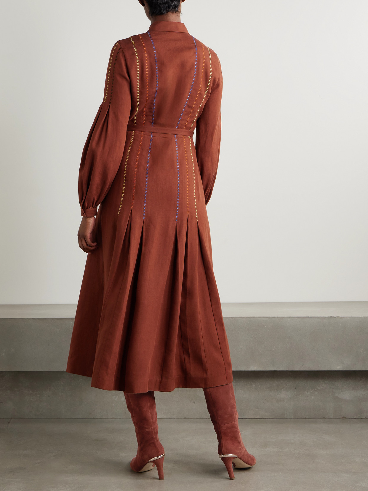 Gabriela Hearst Aleka Belted Embroidered Linen Midi Shirt Dress In Brown