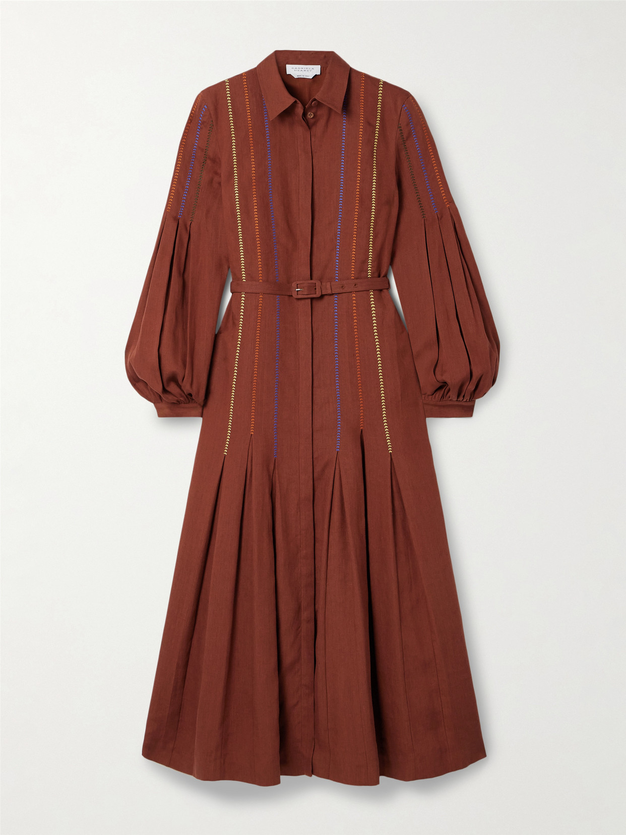 Gabriela Hearst Aleka Belted Embroidered Linen Midi Shirt Dress In Burgundy