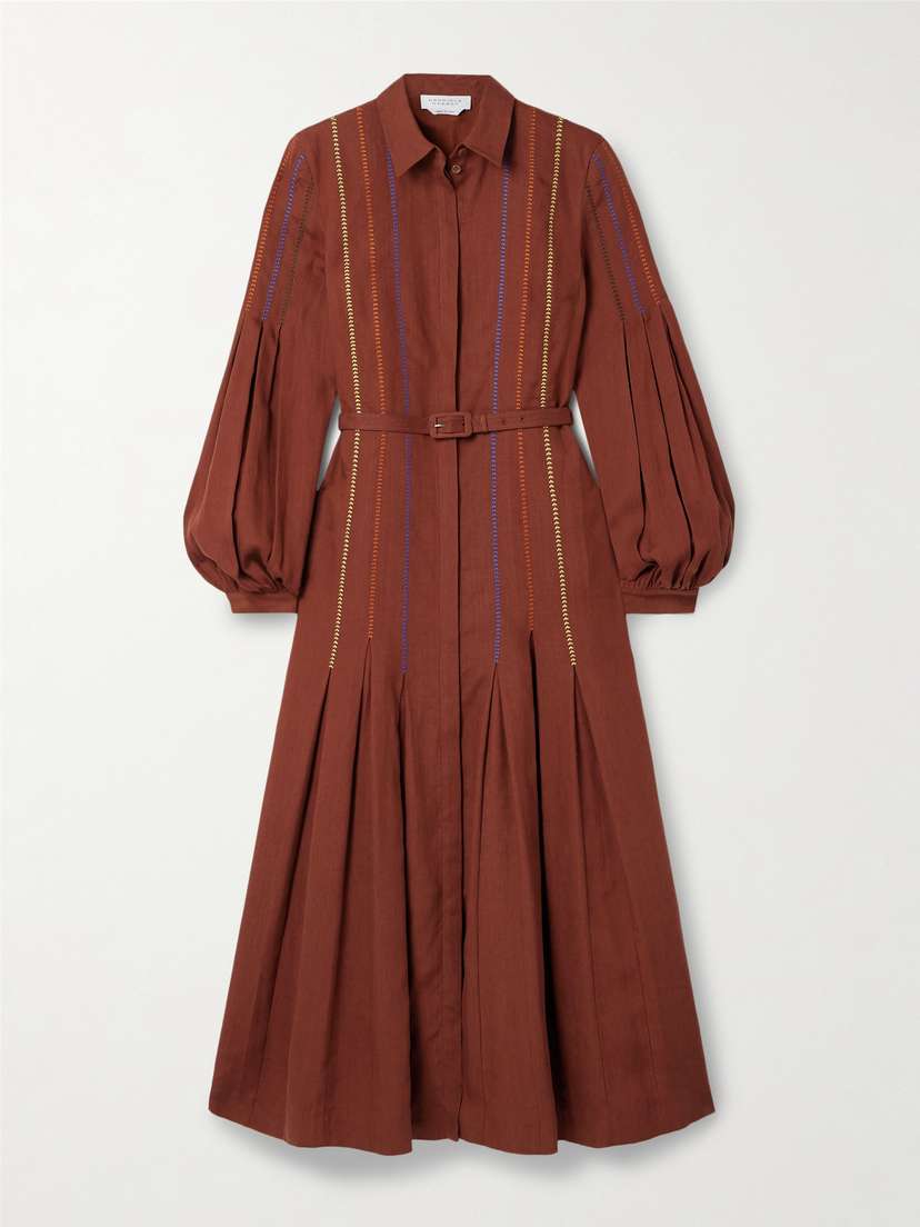 Gabriela Hearst Aleka Belted Embroidered Linen Midi Shirt Dress