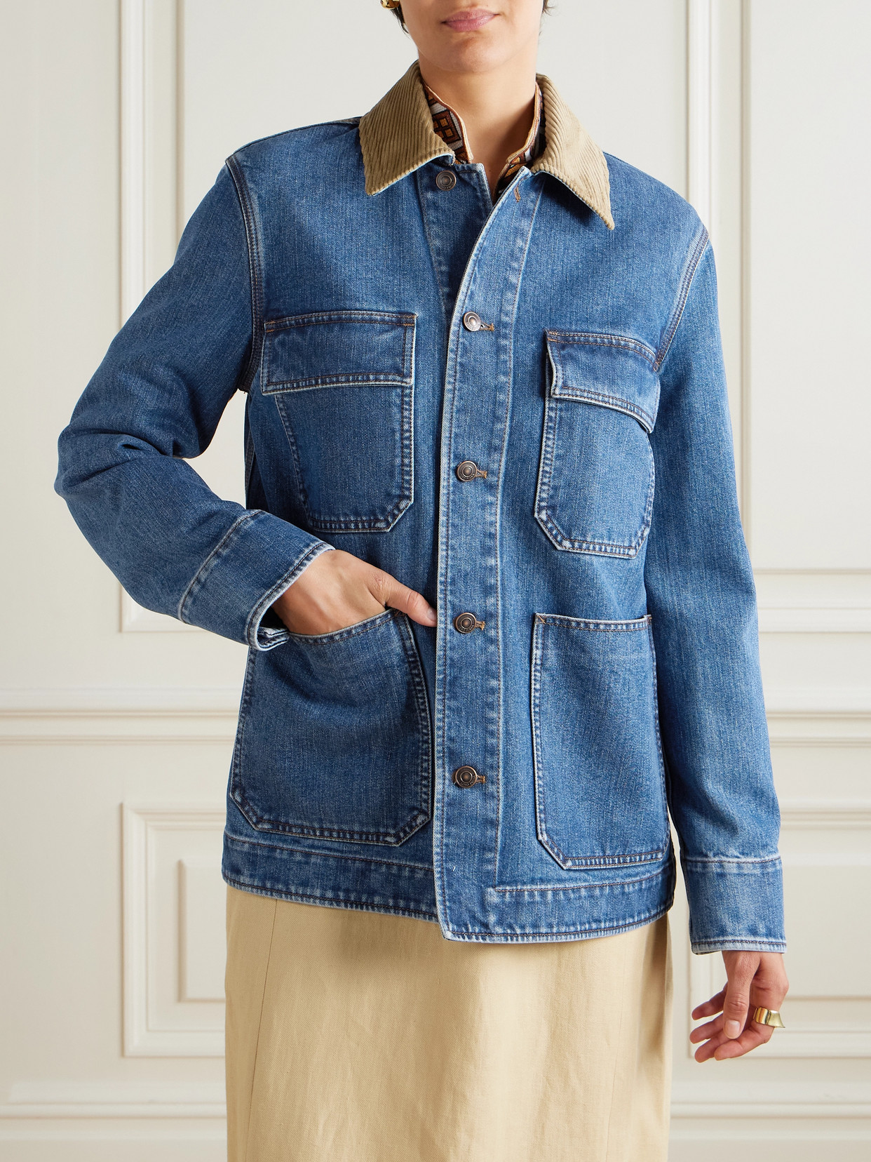 Loro Piana Dean Corduroy-trimmed Denim Jacket In Blue
