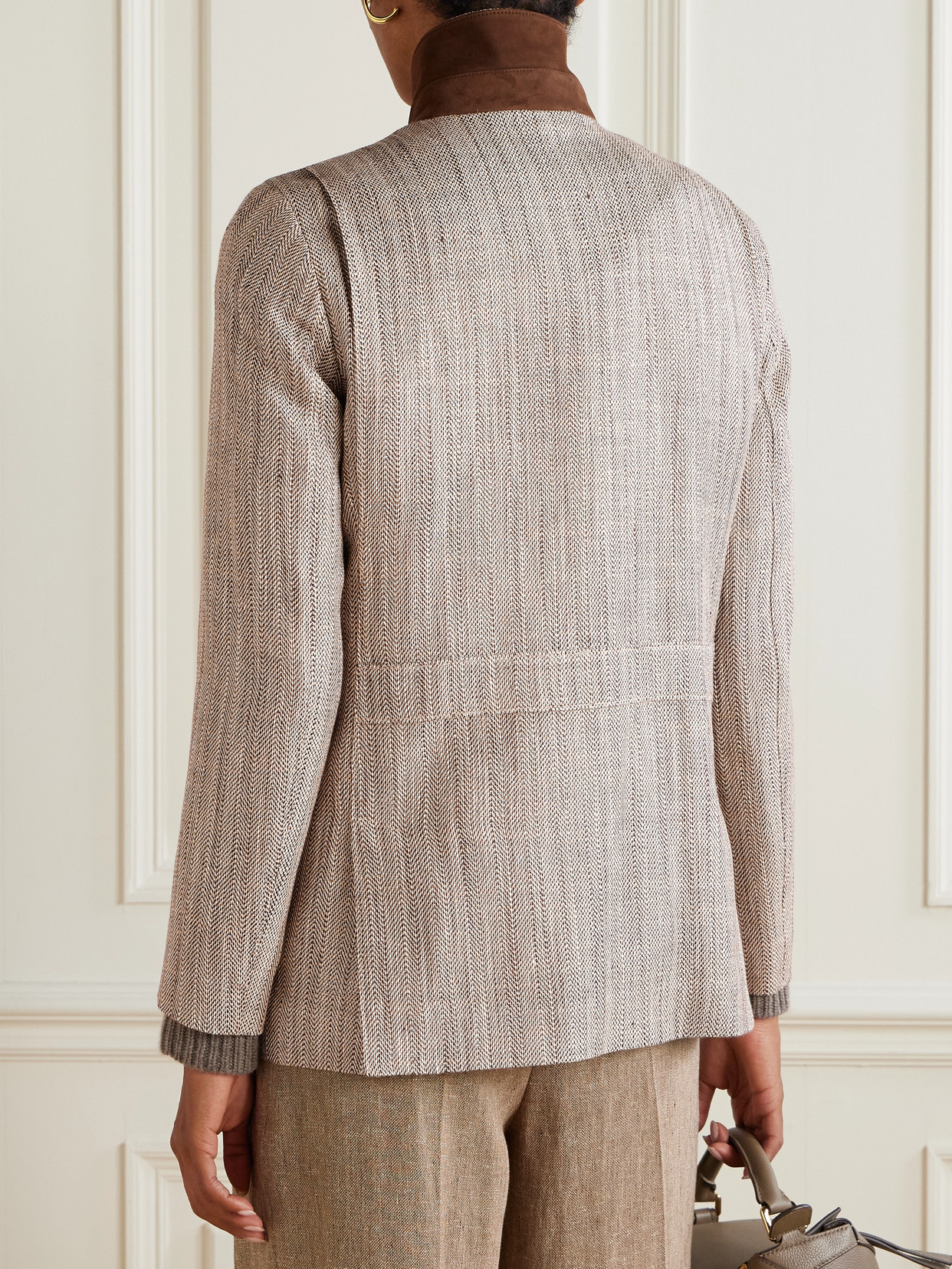 Loro Piana Suede-trimmed Silk And Linen-blend Jacket In Brown
