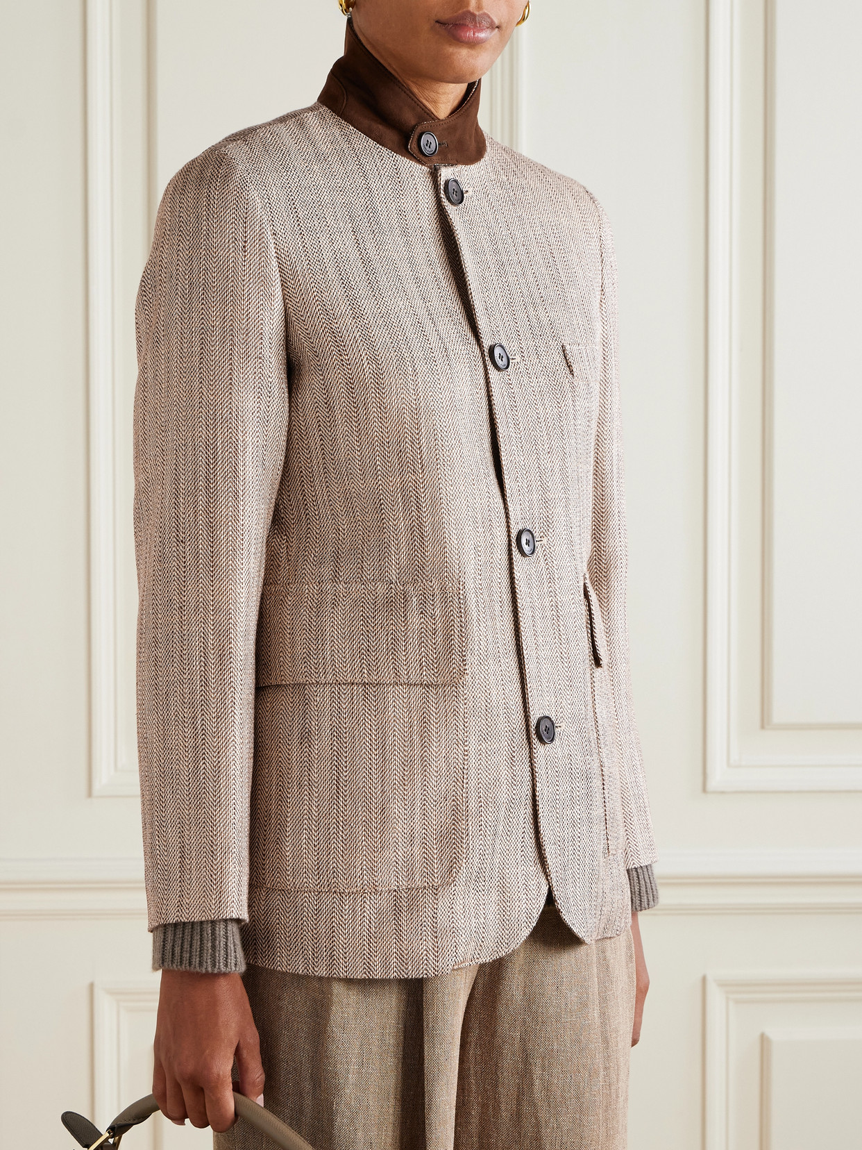 Loro Piana Suede-trimmed Silk And Linen-blend Jacket In Brown