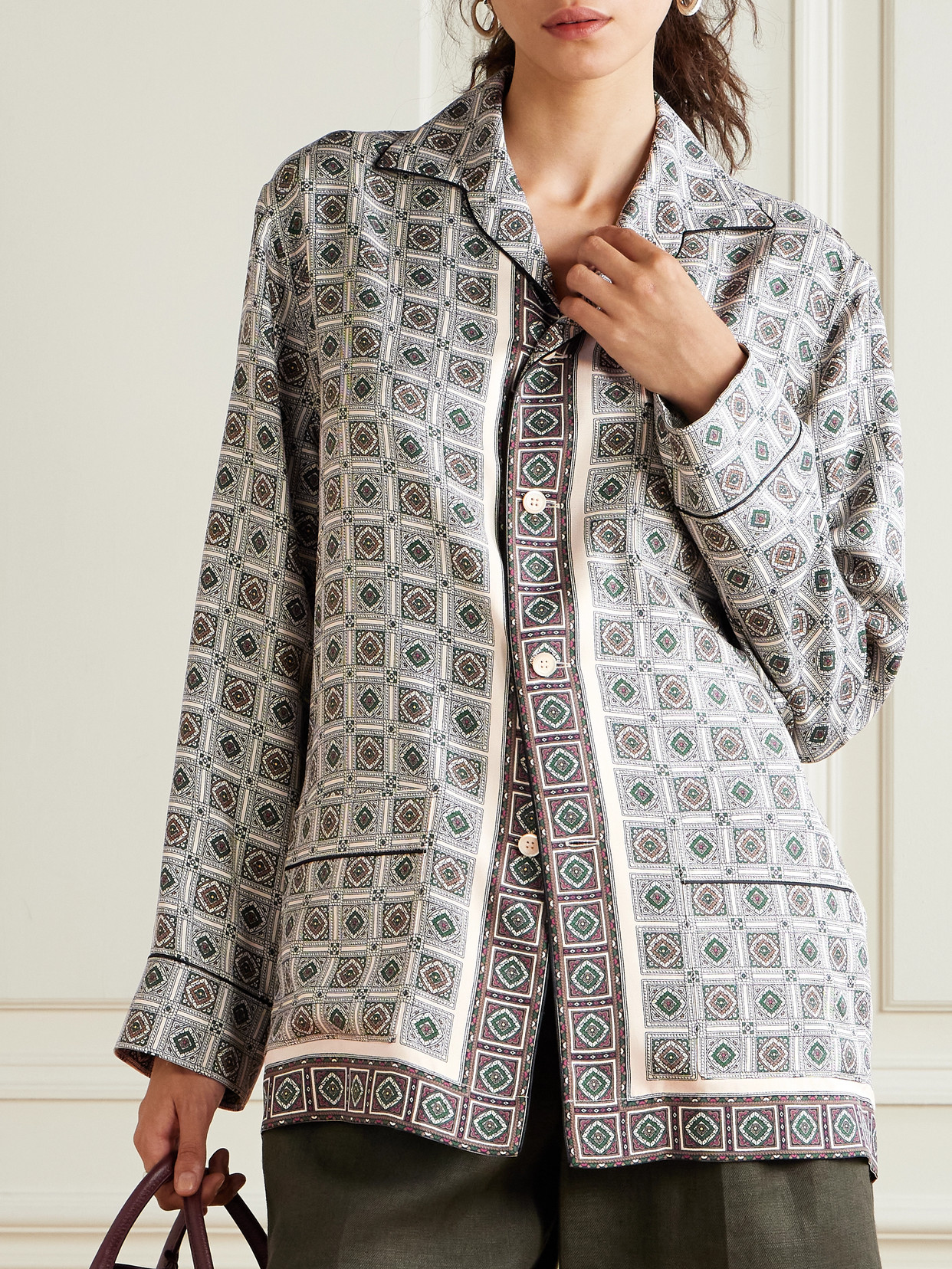 Loro Piana Lian Printed Silk Twill Shirt In Gray