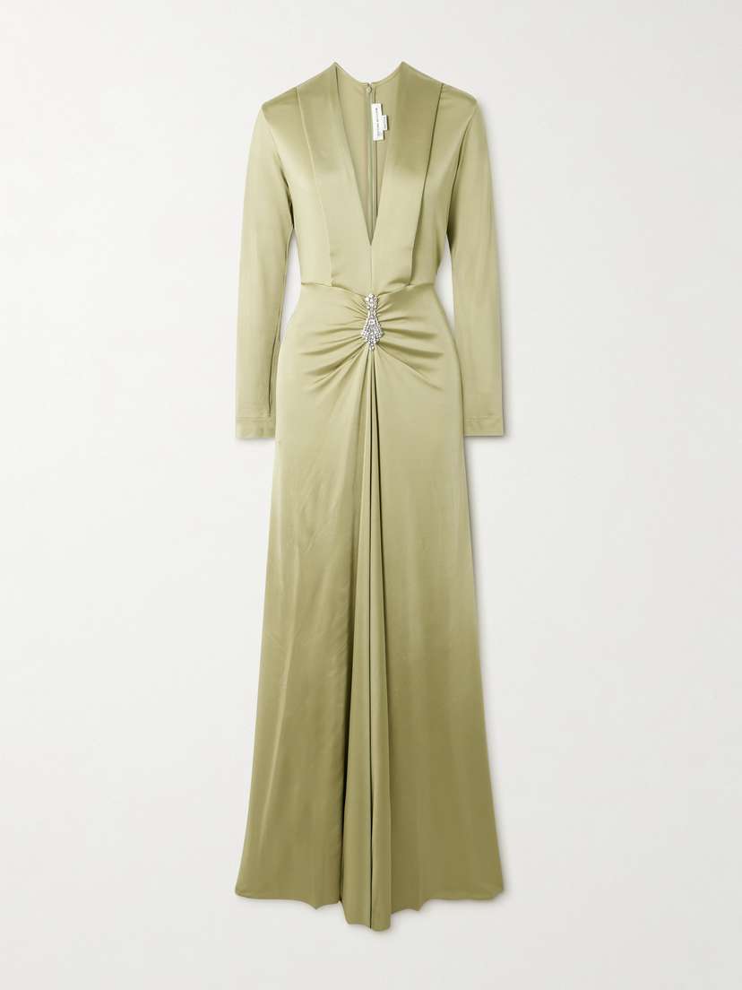 Victoria Beckham Crystal-embellished Gathered Satin-jersey Gown