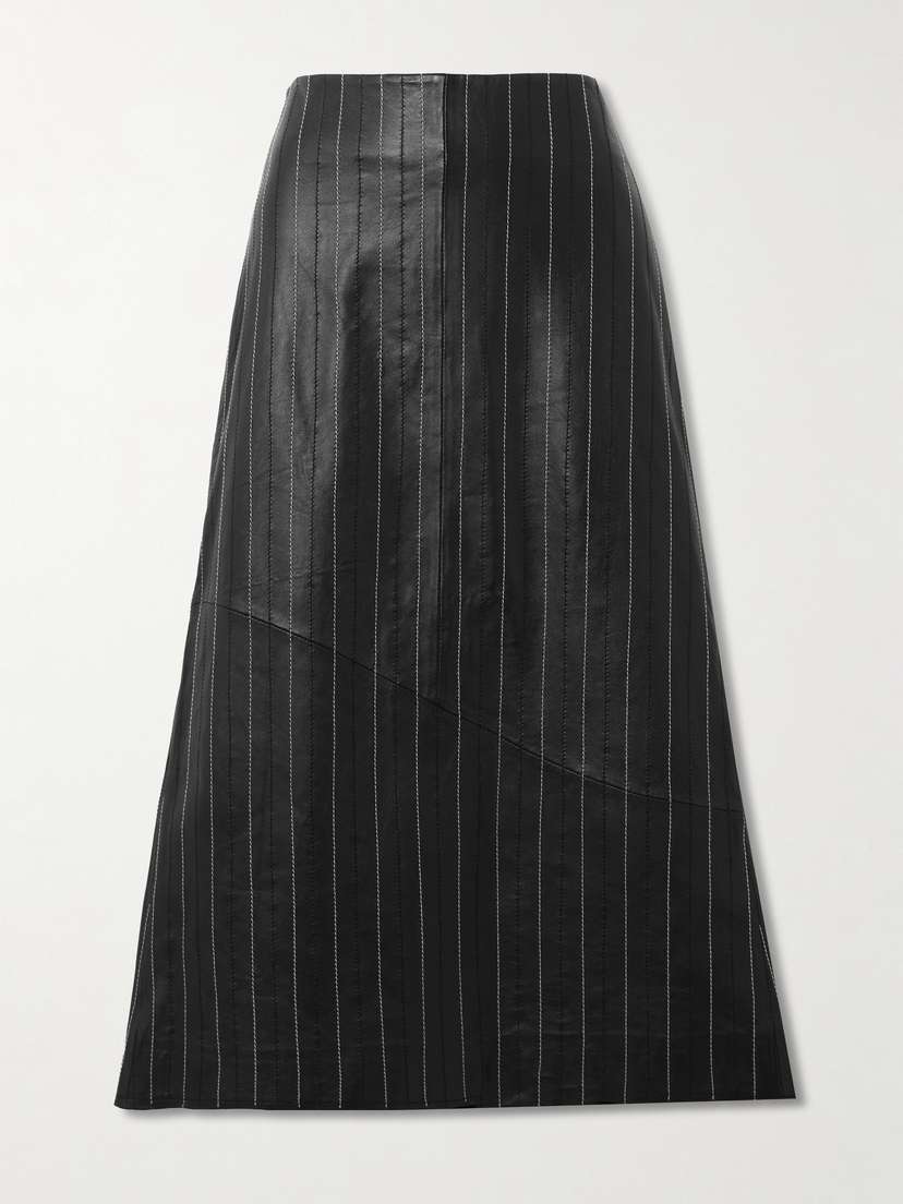 Victoria Beckham Paneled Embroidered Pinstriped Leather Midi Skirt