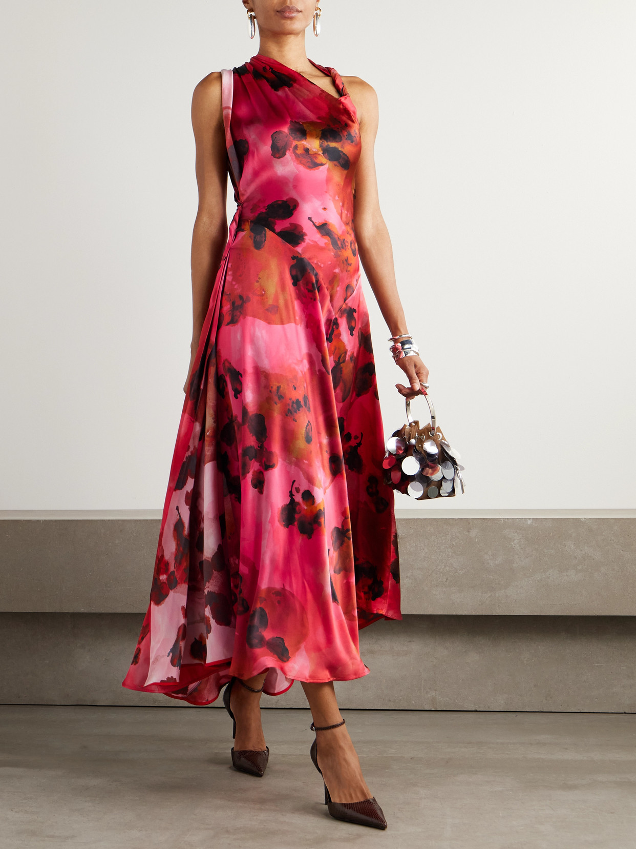 Victoria Beckham Womens Raspberry Draped Sleeveless Silk Midi Dress