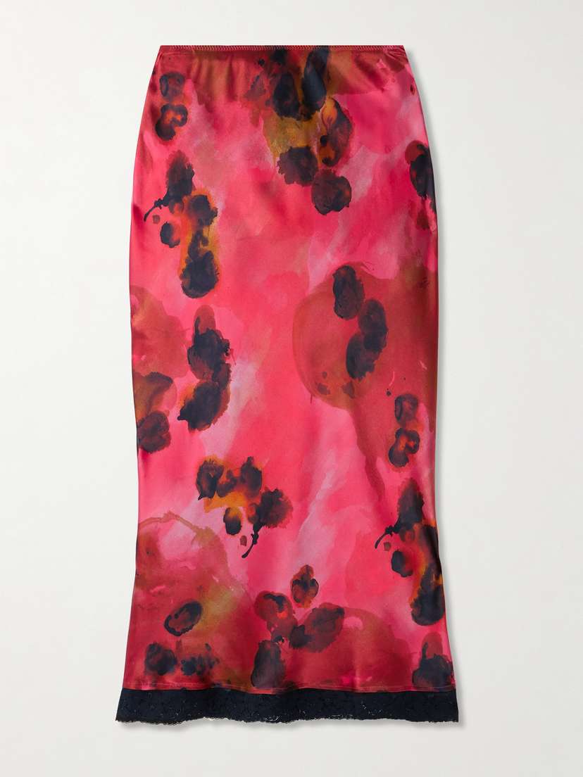 Victoria Beckham Lace-trimmed Floral-print Silk-satin Midi Skirt