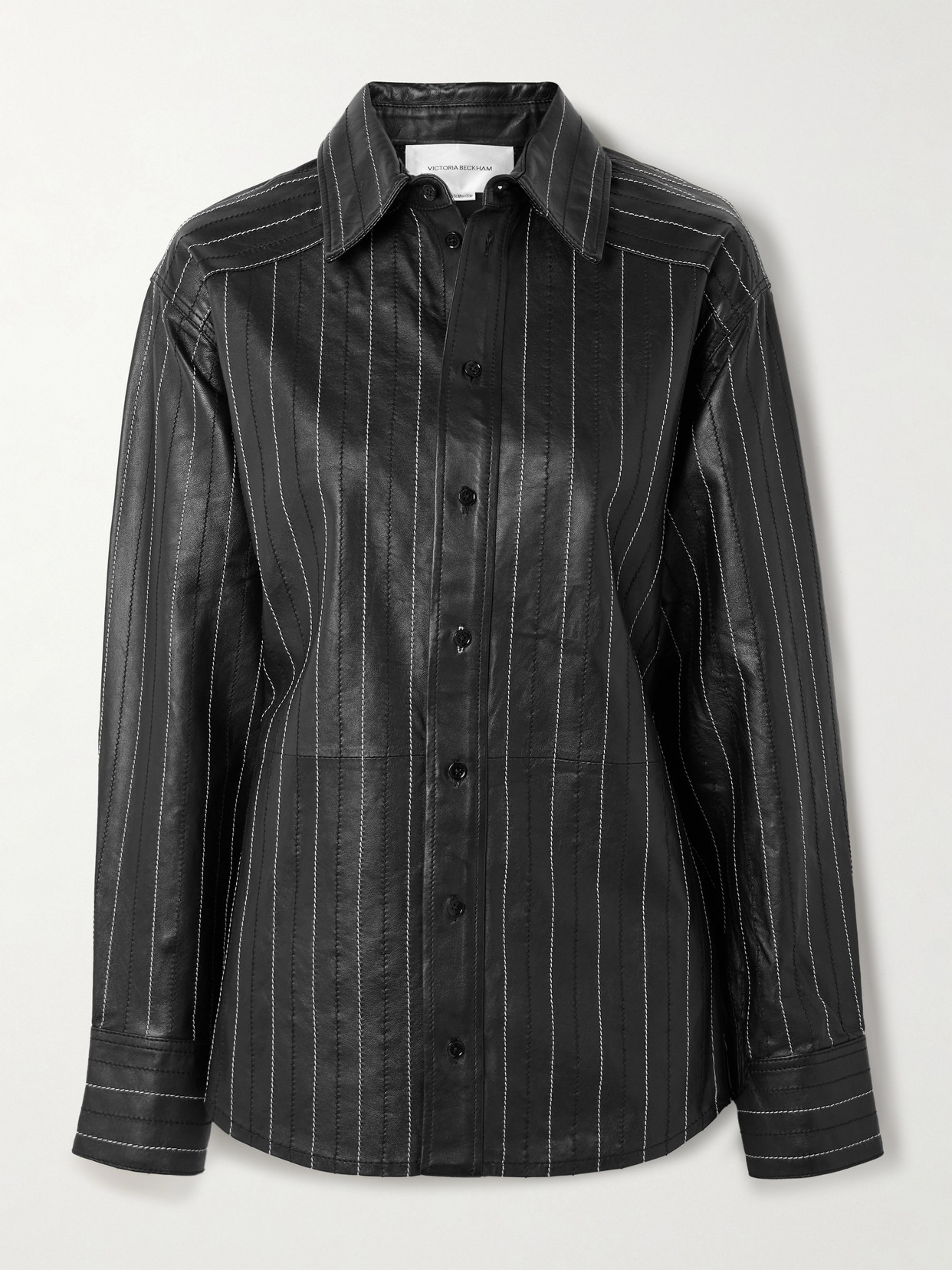 Victoria Beckham Embroidered Pinstriped Leather Shirt In Green