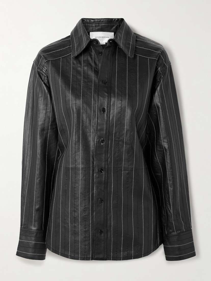 Victoria Beckham Embroidered Pinstriped Leather Shirt