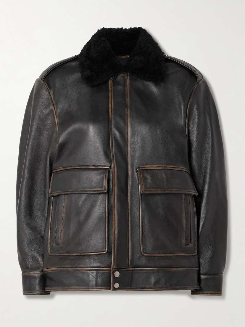Nour Hammour Drey Distressed Shearling-trimmed Leather Jacket