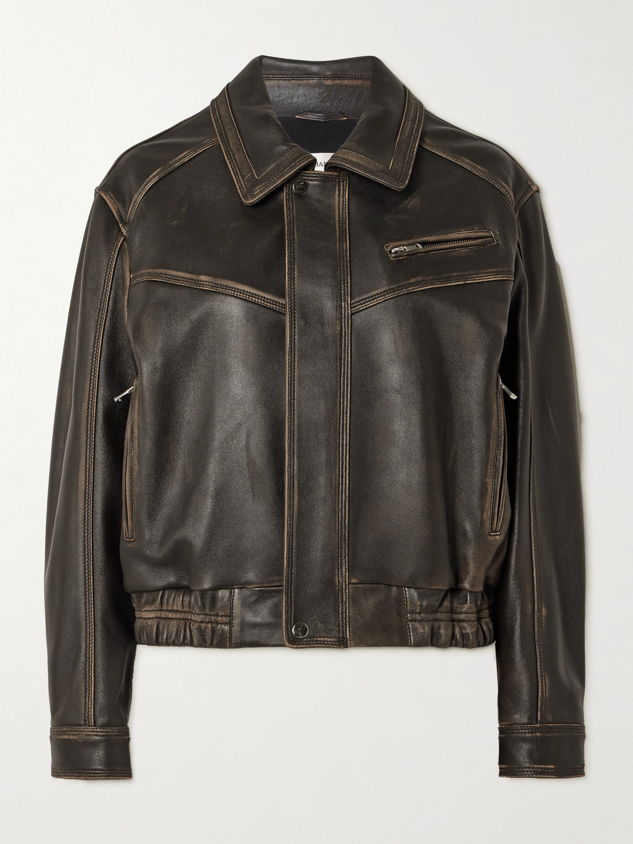 Nour Hammour Clint Oversized Paneled Distressed Leather Bomber Jacket