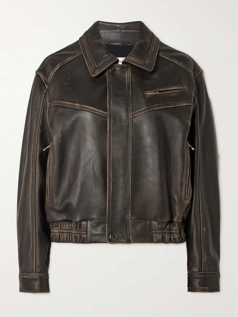 Clint Oversized Paneled Distressed Leather Bomber Jacket