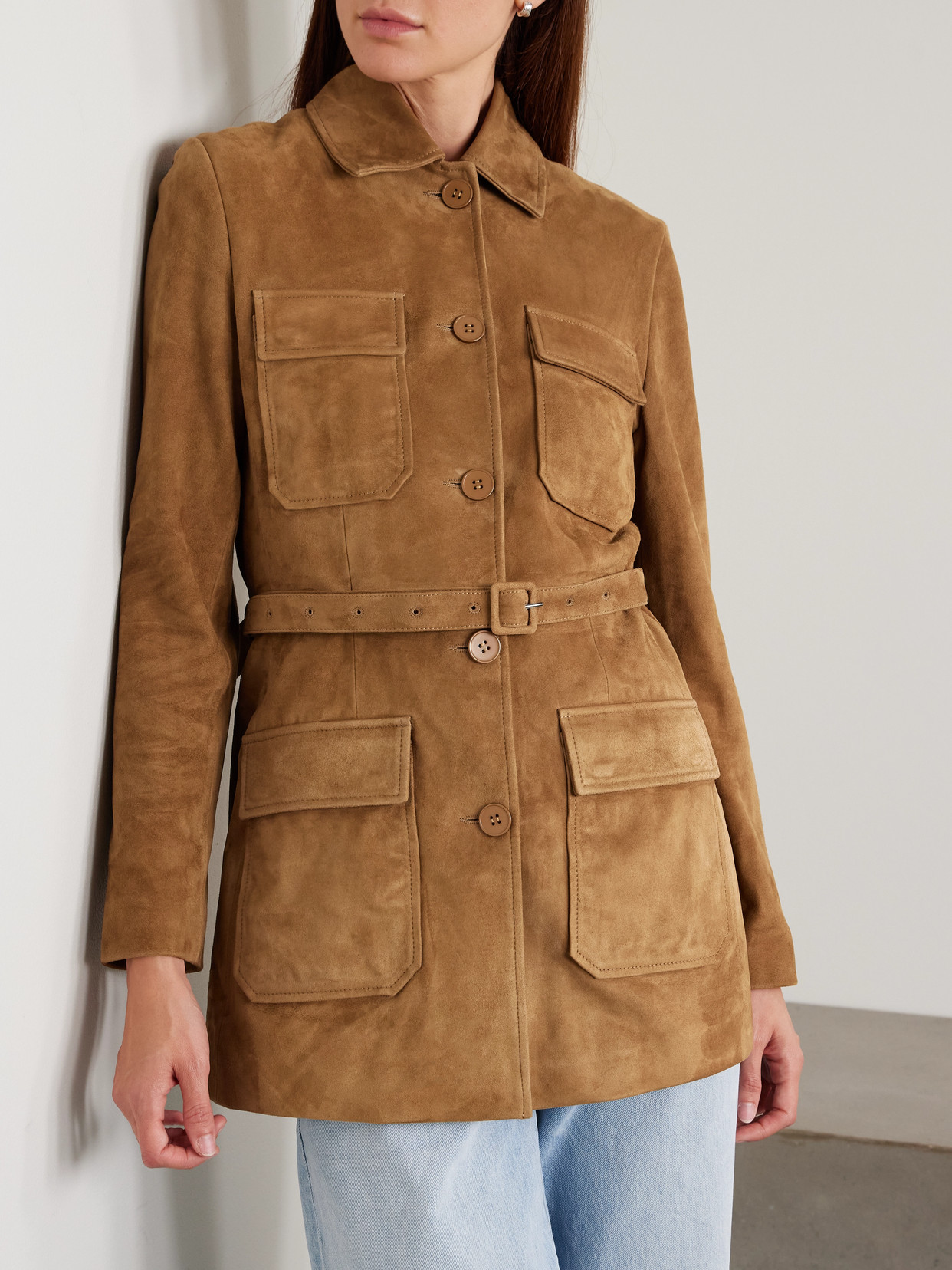 Nour Hammour Romana Belted Paneled Suede Jacket In Brown